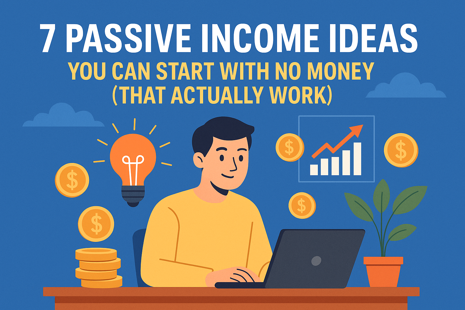 Young man at a laptop planning passive income ideas with symbols of coins, growth chart, and lightbulb