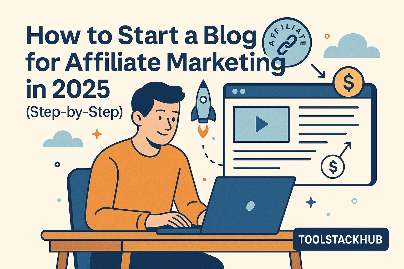 Illustration of a person blogging on a laptop with affiliate marketing elements like dollar signs, a blog post screen, and the title "How to Start a Blog for Affiliate Marketing in 2025."