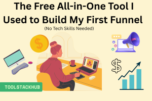 Person using laptop with funnel building interface showing drag-and-drop website builder tools"