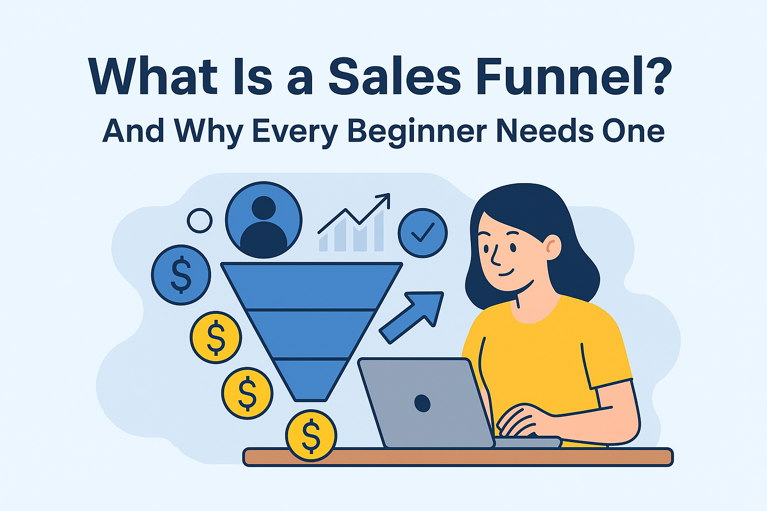 Flat-style illustration of a woman using a laptop with a sales funnel diagram and dollar icons.