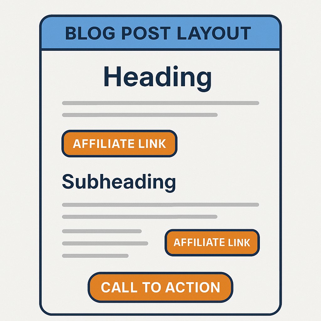 Diagram showing a blog post layout with headings, affiliate links, and a call-to-action button.